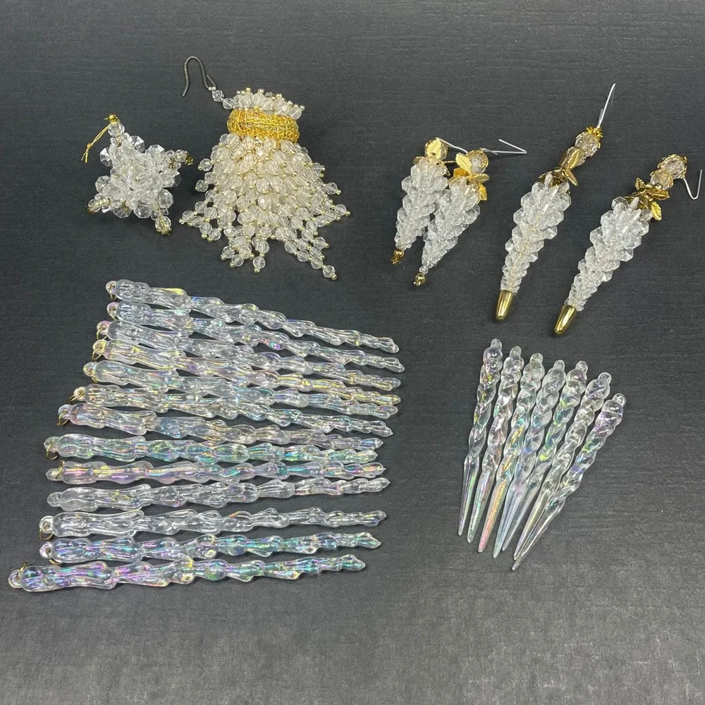 Vintage 27pc Clear Plastic Icicle Beaded Christmas Ornament Set Gold Accents